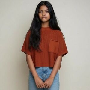 ZESICA Women XL Mock Neck Cap Sleeve Knit Sweater Deep Orange cap Sleeves